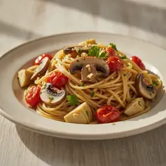 Spaghetti con funghi, carciofi e pomodorini