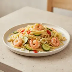 Spaghetti con gamberi, zucchine e germogli di soia