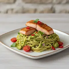 Spaghetti con guacamole e salmone croccante