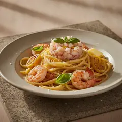 Spaghetti con limone arrostito e scampi