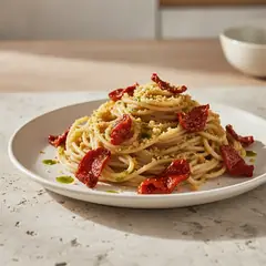 Spaghetti con peperoni cruschi e pangrattato