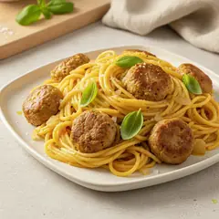 Spaghetti con polpette di salsiccia e salsa di pomodori gialli