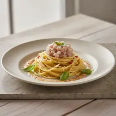 Spaghetti con salsa di Monte Veronese e tartare di branzino