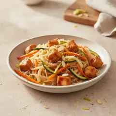 Spaghetti di riso con verdure e pollo caramellato