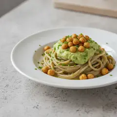 Spaghetti integrali con crema di avocado e ceci croccanti