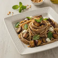 Spaghetti integrali con melanzane arrosto e menta