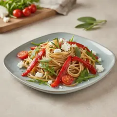 Spaghetti integrali con peperoni rossi, rucola e feta
