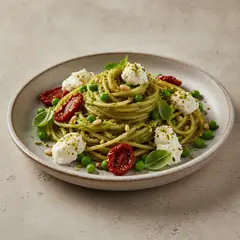 Spaghetti integrali con pesto di piselli, pomodori secchi e stracciatella