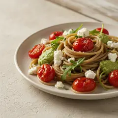 Spaghetti integrali con pomodorini confit, feta e pesto leggero di rucola