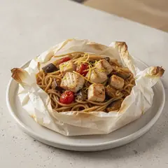 Spaghetti integrali terra e mare al cartoccio