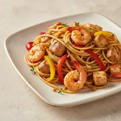 Spaghetti saltati con pollo e mazzancolle