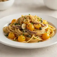 Spaghetti senza glutine con salsa di pomodorini gialli, capperi e alici