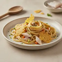 Spaghetto al pesce di lago e cialda di Grana Padano