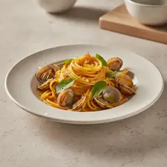 Spaghetto alle vongole con salsa di zucca e mostarda di mandarino