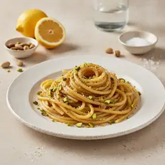 Spaghettoni con colatura di alici, pistacchi e limone candito