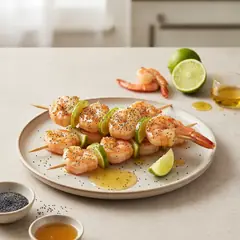 Spiedini di mazzancolle al lime, miele e semi di papavero