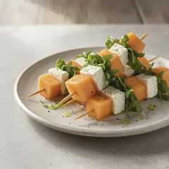 Spiedini di melone, feta e rucola