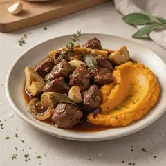 Stracotto ai carciofi con purea di patate dolci