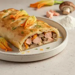 Strudel al salmone, porcini e fiori di zucca