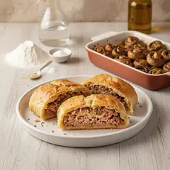 Strudel di pane ripieno di salsiccia e teglia di funghi saporiti
