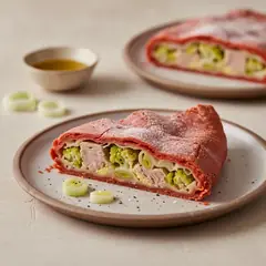 Strudel rosso al pomodoro con ripieno di tonno, broccolo e porro