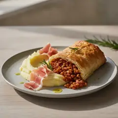 Strudel salato con ragù di lenticchie e crudo