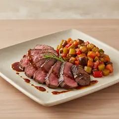 Tagliata di manzo con riduzione di salsa teriyaki e caponatina