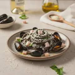 Tagliatelle al nero di seppia con pecorino, cozze e lardo