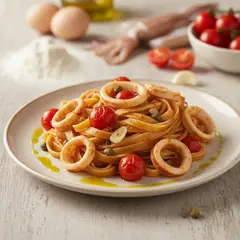 Tagliatelle con calamari e pomodorini