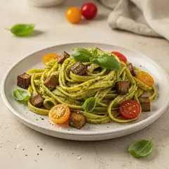 Tagliatelle con melanzane, pesto e pomodorini