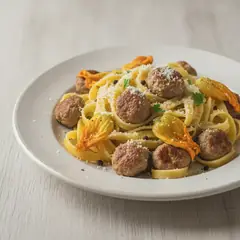 Tagliatelle con polpettine e fiori di zucca