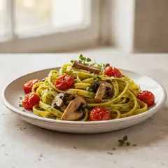 Tagliatelle con pomodorini confit, chiodini e pesto