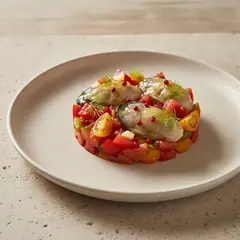 Tartare di pomodoro in due consistenze con ostriche gelée