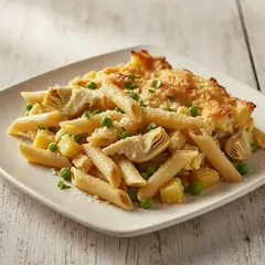 Teglia di pasta, carciofi, patate e piselli