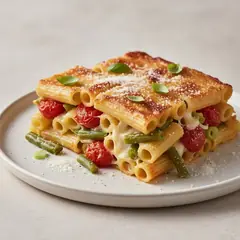 Timballo di mezzi rigatoni con pomodorini, fagiolini e provola