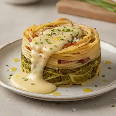 Timballo di verza con fonduta di taleggio