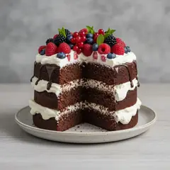 Torta a piani al cioccolato con panna e frutti di bosco
