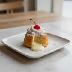 Tortino al cioccolato bianco con panna al maraschino