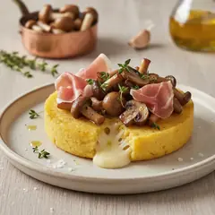 Tortino di polenta con funghi, crudo e scamorza