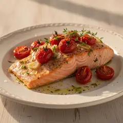 Trancio di salmone con pomodori e timo