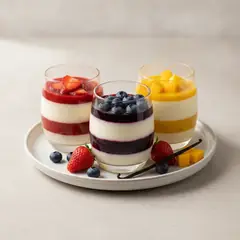 Tris di panna cotta alle fragole, mirtilli e mango