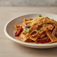 Troccoli con pomodori secchi, acciughe e mollica di pane croccante