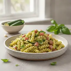 Trofie con crema di zucchine e pancetta