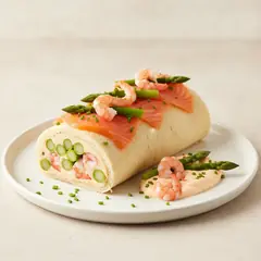 Tronchetto salato con mousse di salmone, asparagi e mazzancolle