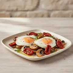 Uova al tegamino con funghi e pomodori secchi