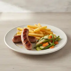 Wurstel alla griglia con patatine fritte e verdure saltate